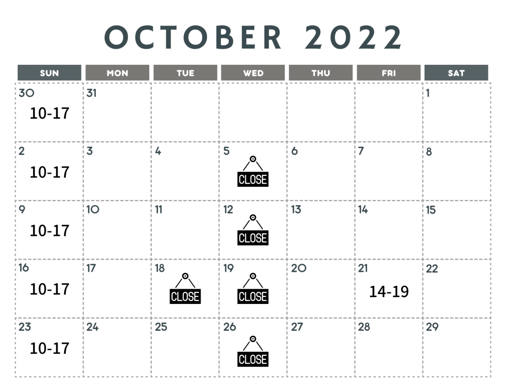 Monthly Calendar - October 2022 - Sunday Start